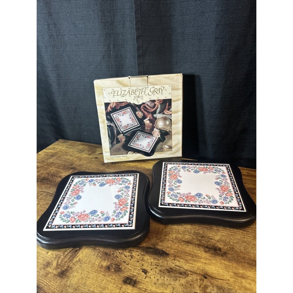Elizabeth Gray Ceramic & Wood Trivets (2) Vtg JCPenney Sango W/Hooks for Hanging - Picture 8 of 11